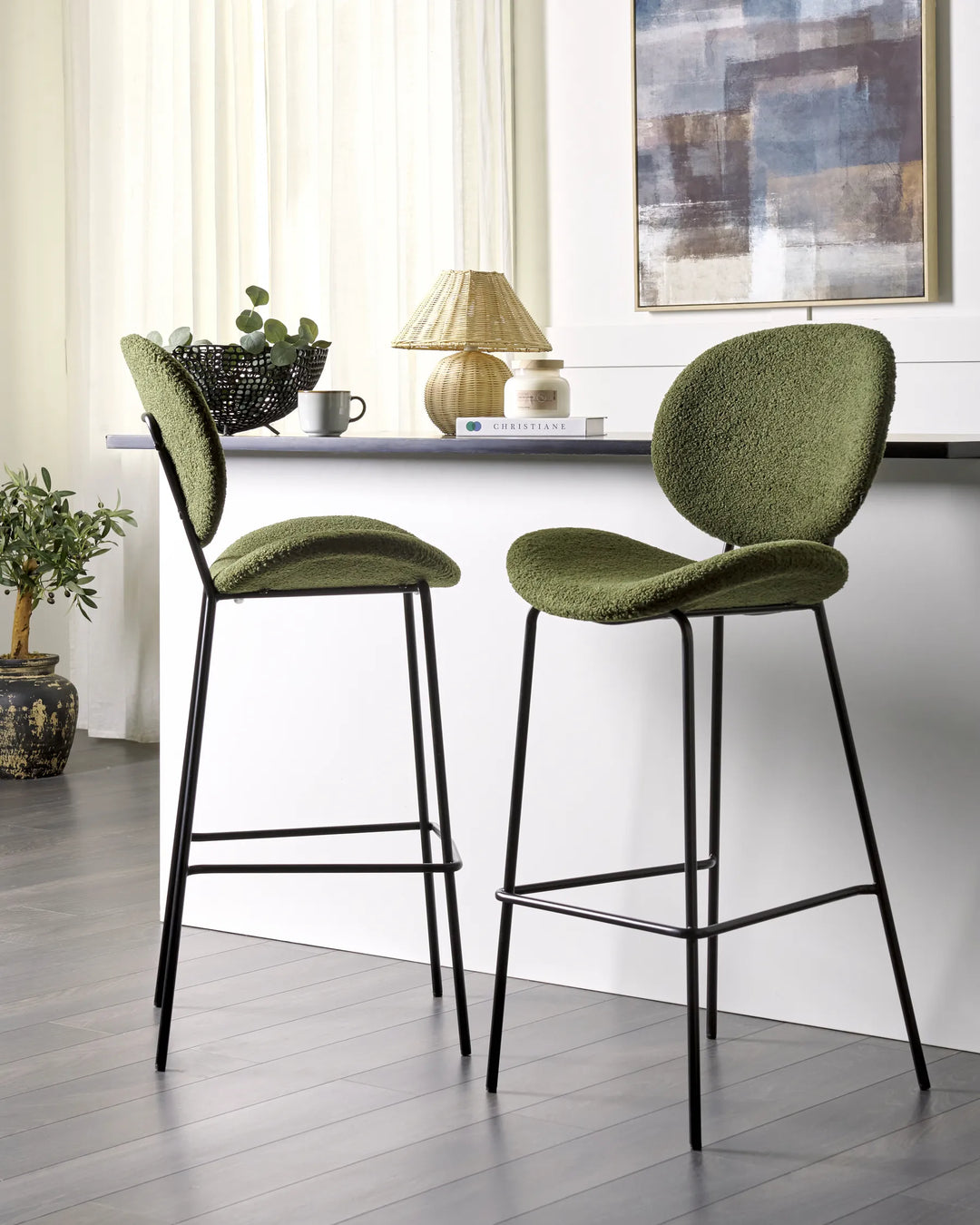 Set of 2 Bar Chairs Boucle Dark Green Comfortable Footrest Garvio