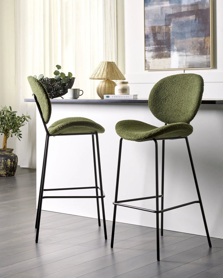 Set of 2 Bar Chairs Boucle Dark Green Comfortable Footrest Garvio
