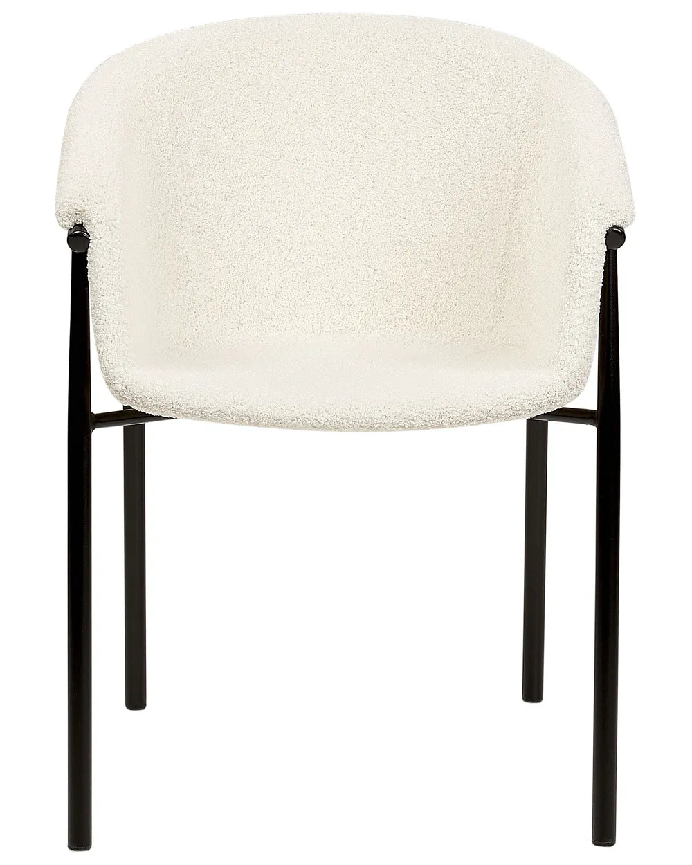 White bouclé dining chair with curved tub seat and sleek black metal legs.