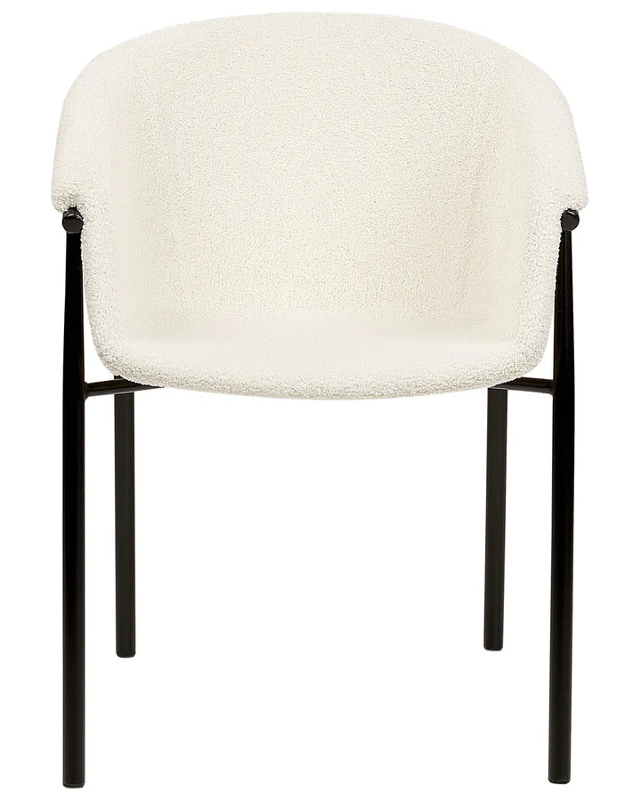 White bouclé dining chair with curved tub seat and sleek black metal legs.