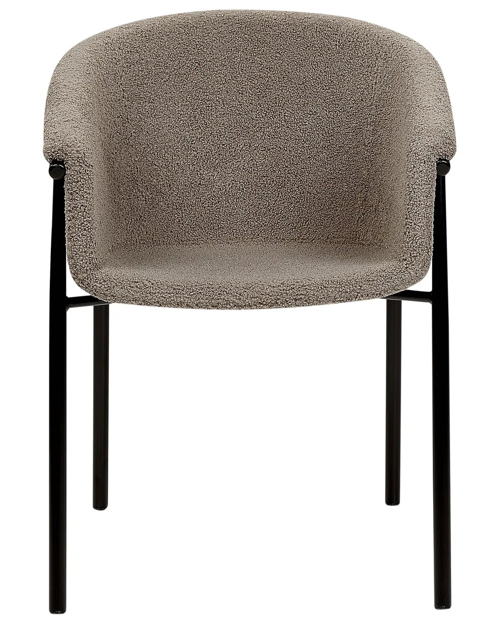 Taupe bouclé dining chair with curved wraparound seat and black metal frame.