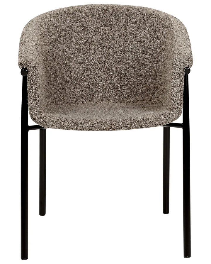 Taupe bouclé dining chair with curved wraparound seat and black metal frame.