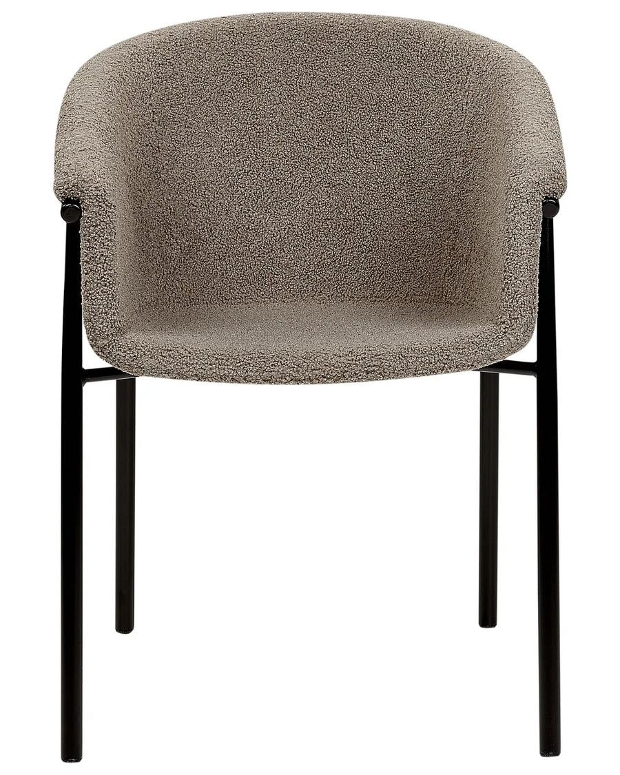Taupe bouclé dining chair with curved wraparound seat and black metal frame.