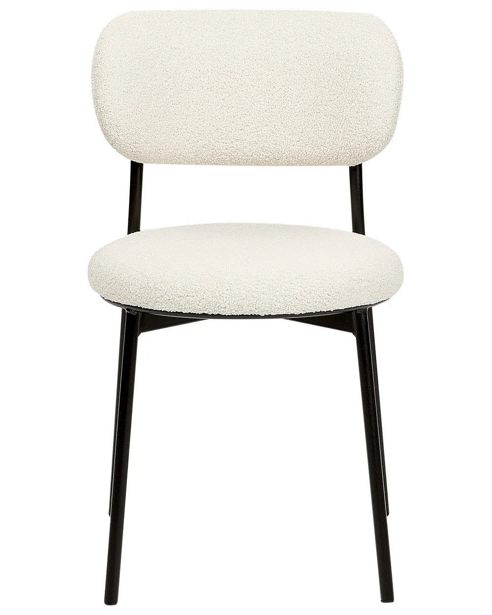Cream bouclé dining chair with a rounded backrest, cushioned seat, and slim black metal legs for a clean modern look.