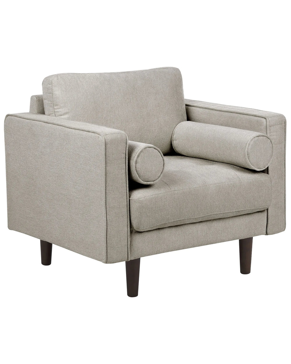 Beige armchair with wooden legs on a white background