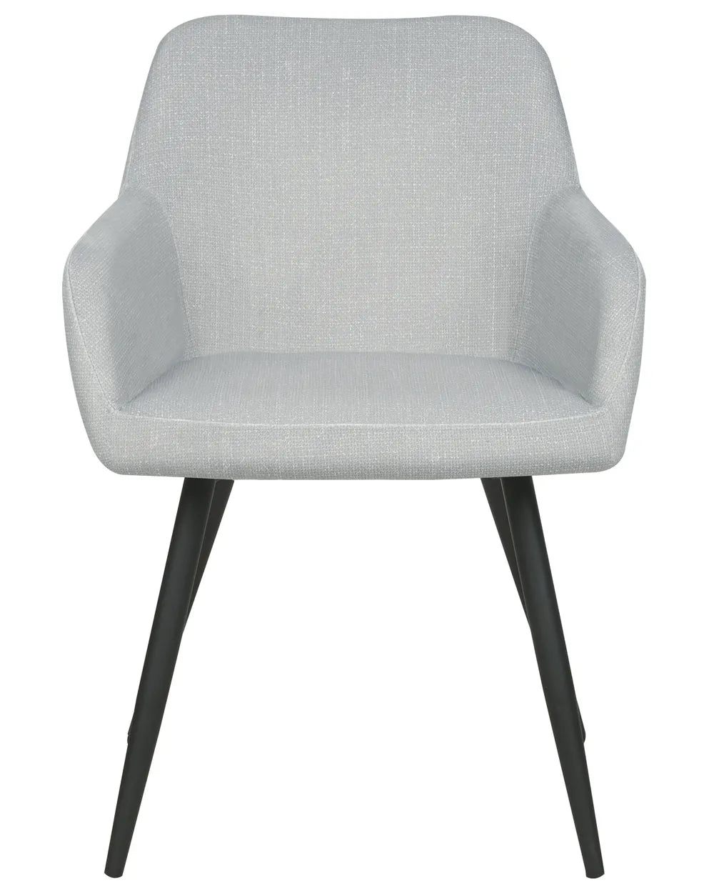 Light grey velvet dining chair with a rounded upholstered backrest, padded seat with integrated armrests, and slanted black metal legs.