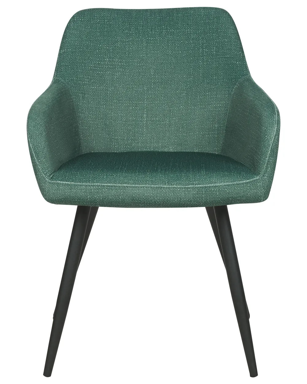 Dark green velvet dining chair with a rounded upholstered backrest, padded seat with integrated armrests, and slanted black metal legs.