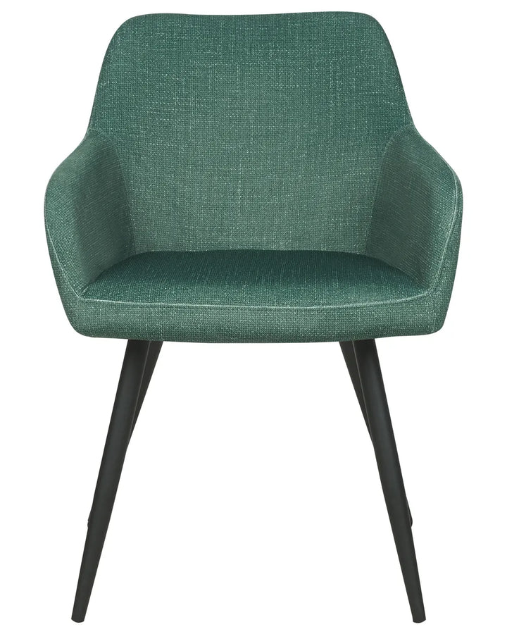 Dark green velvet dining chair with a rounded upholstered backrest, padded seat with integrated armrests, and slanted black metal legs.