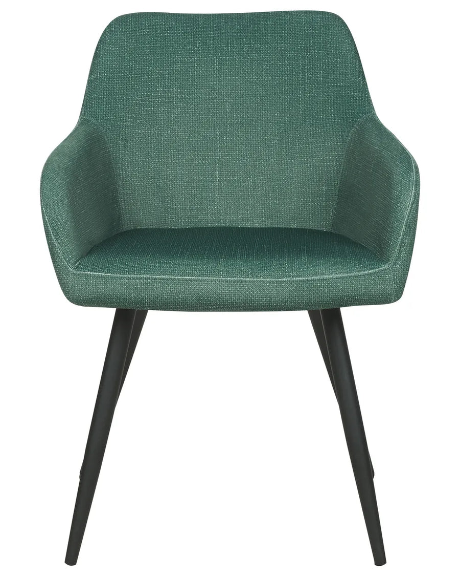 Dark green velvet dining chair with a rounded upholstered backrest, padded seat with integrated armrests, and slanted black metal legs.