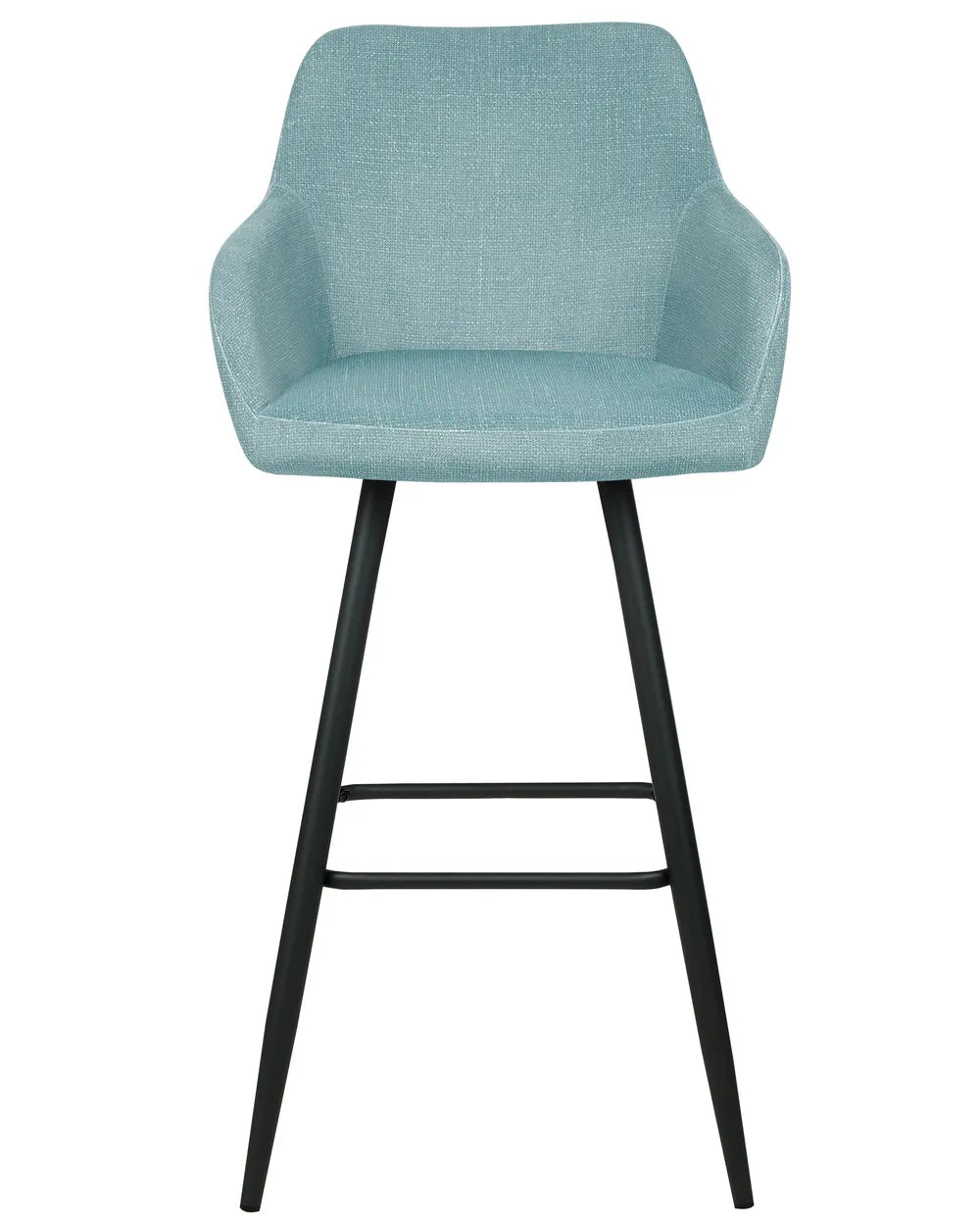 Light blue velvet bar chair with a rounded upholstered backrest, padded seat with integrated armrests, and slanted black metal legs.
