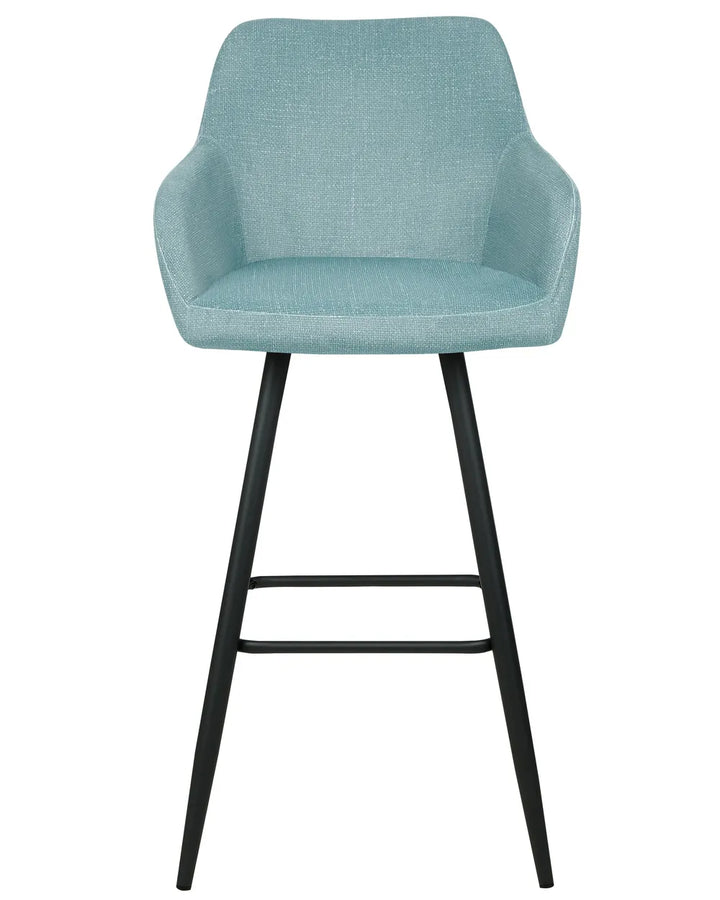 Light blue velvet bar chair with a rounded upholstered backrest, padded seat with integrated armrests, and slanted black metal legs.

