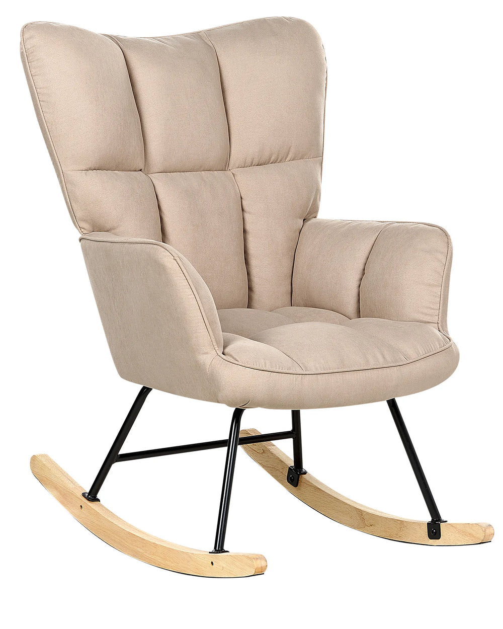 Beige rocking chair with black metal frame and wooden rocking base on a white background