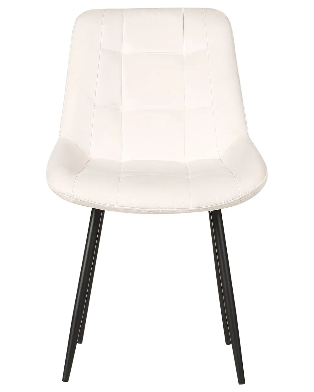 White faux leather dining chair with a cushioned quilted backrest, curved seat, and black metal legs on a white background.