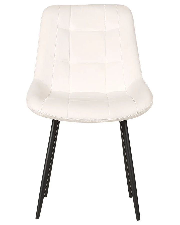 White faux leather dining chair with a cushioned quilted backrest, curved seat, and black metal legs on a white background.
