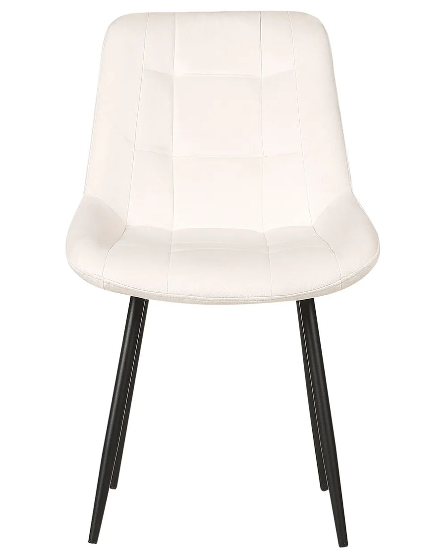 White faux leather dining chair with a cushioned quilted backrest, curved seat, and black metal legs on a white background.