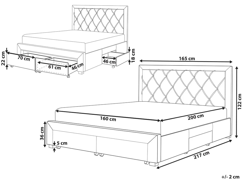 Bed with Storage Drawers Velvet 160 x 200 cm (EU King Size) Light Beige Klea