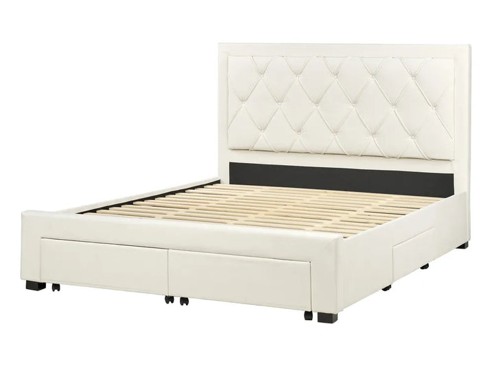 White upholstered bed with quilted headboard 
