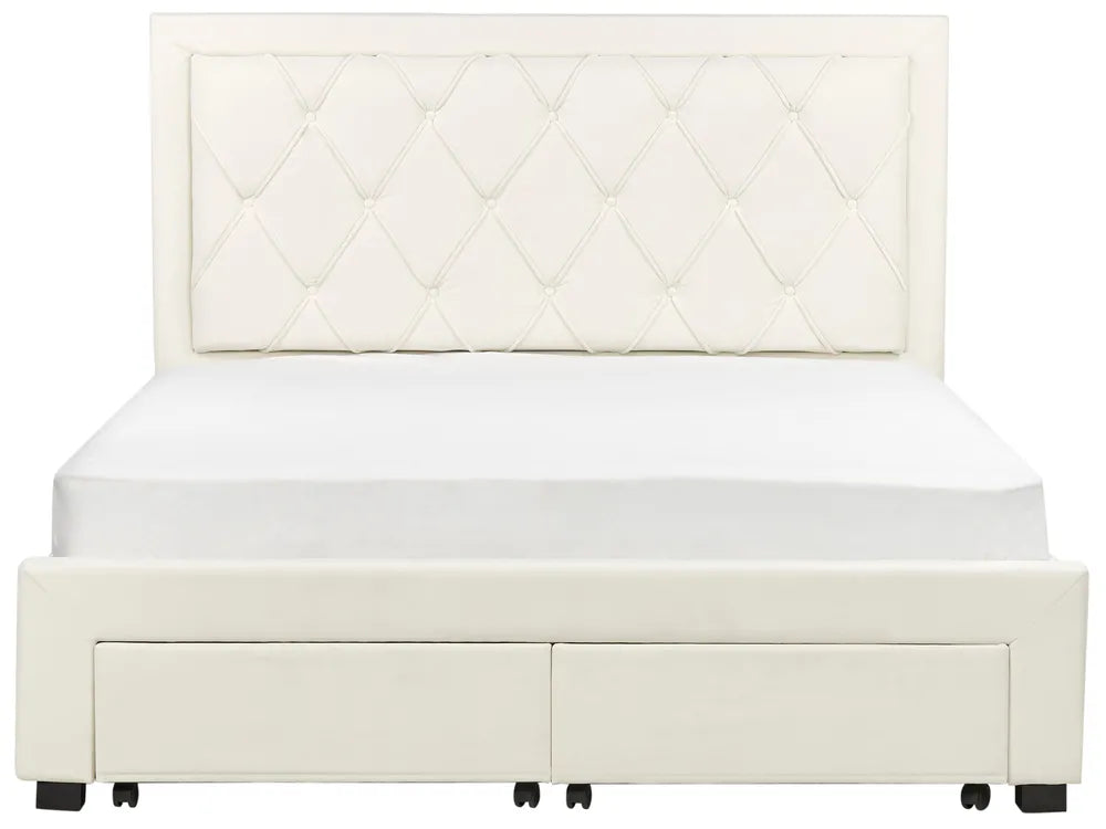 Beige upholstered bed with quilted headboard 