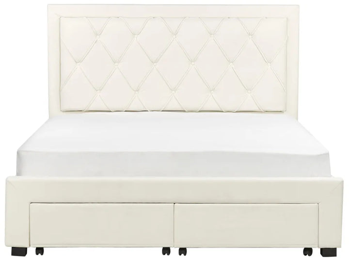 Beige upholstered bed with quilted headboard 