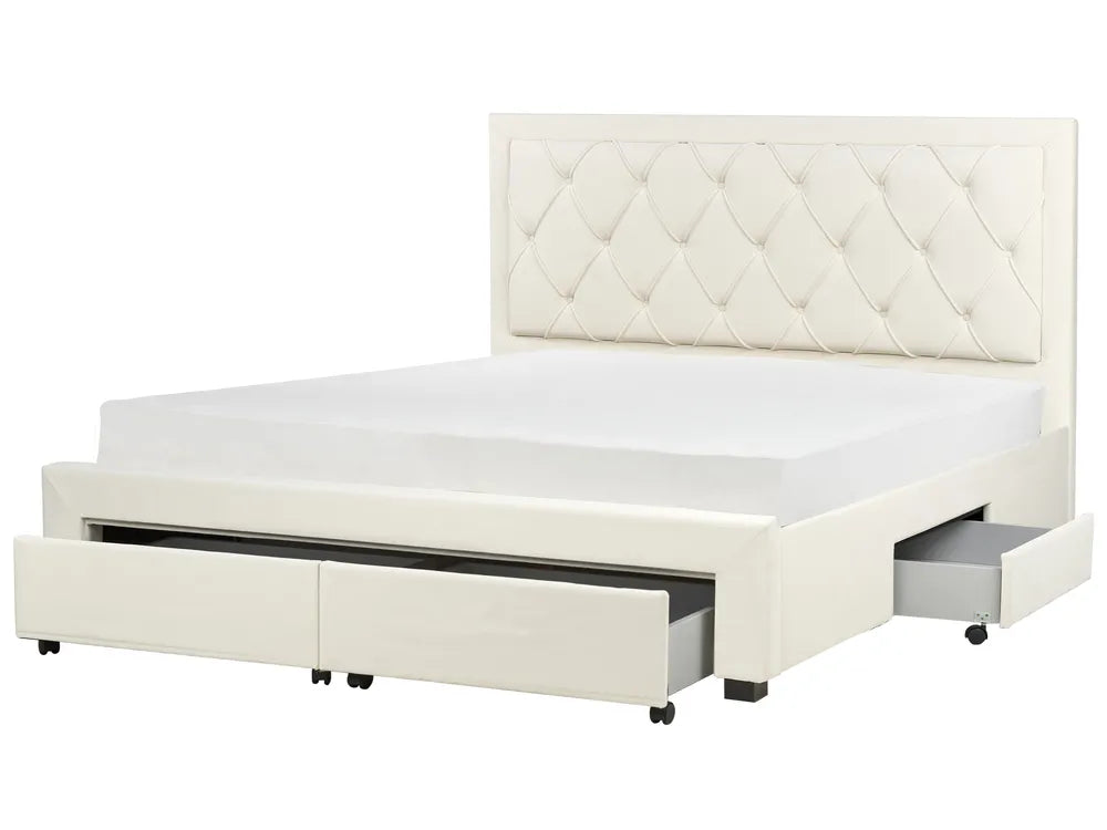 White upholstered bed with storage drawers