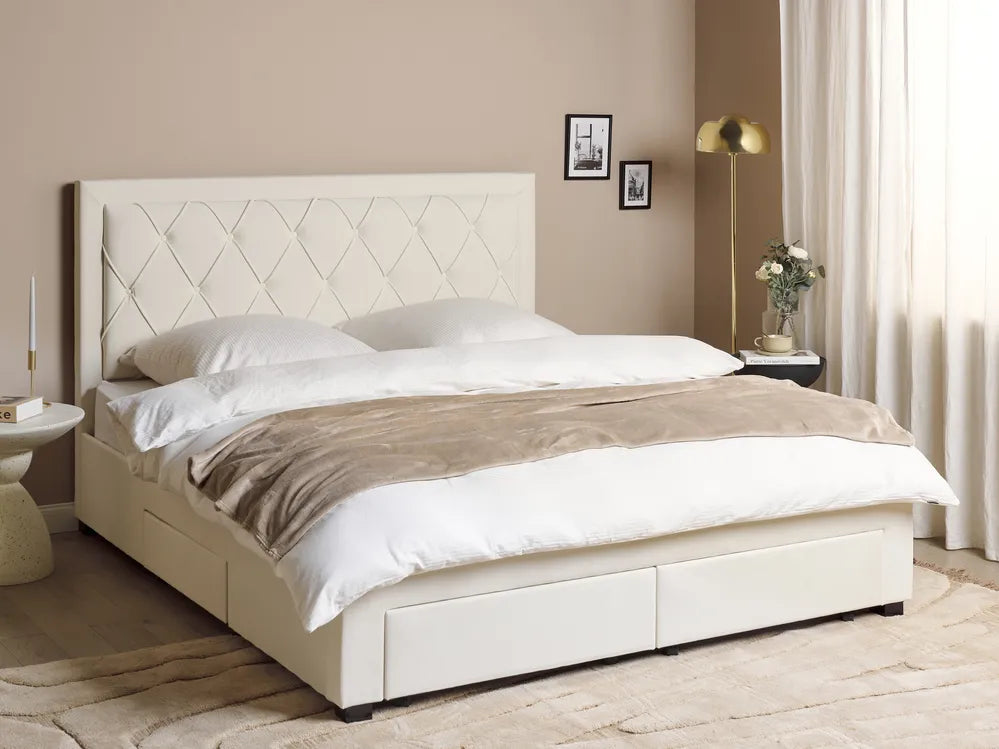 Beige upholstered bed with white bedding