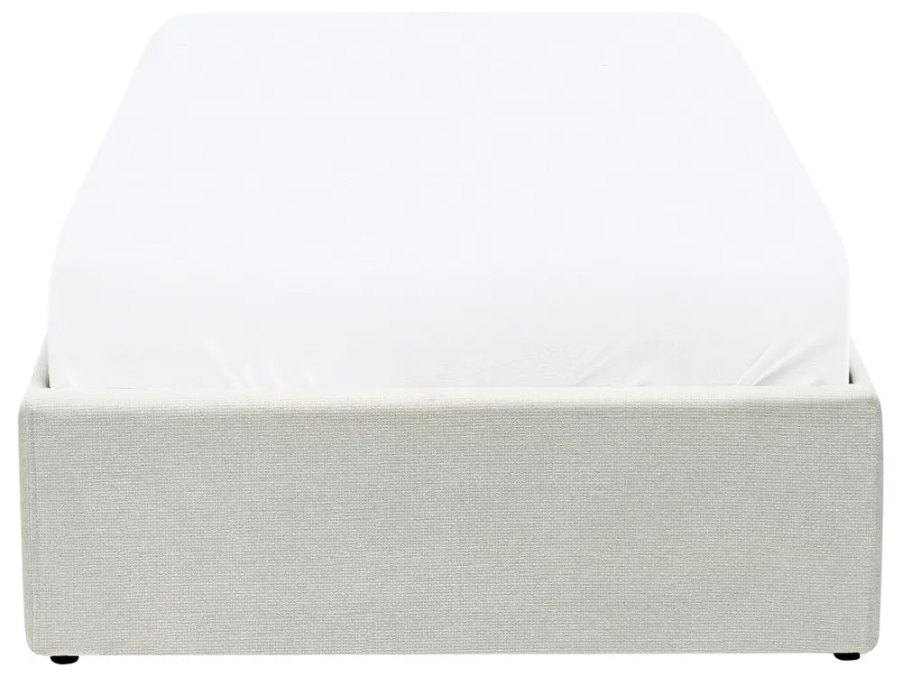 Gray upholstered bed frame on a white background