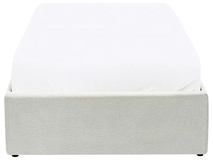 Gray upholstered bed frame on a white background