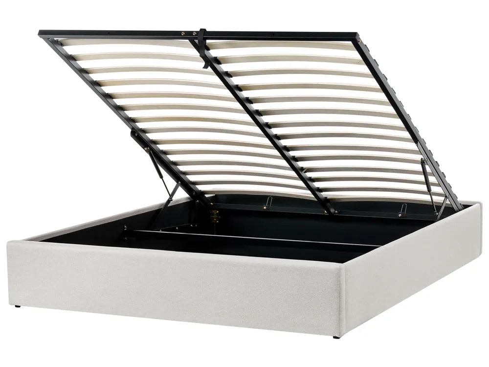 White bed frame with black metal slatted headboard on a white background