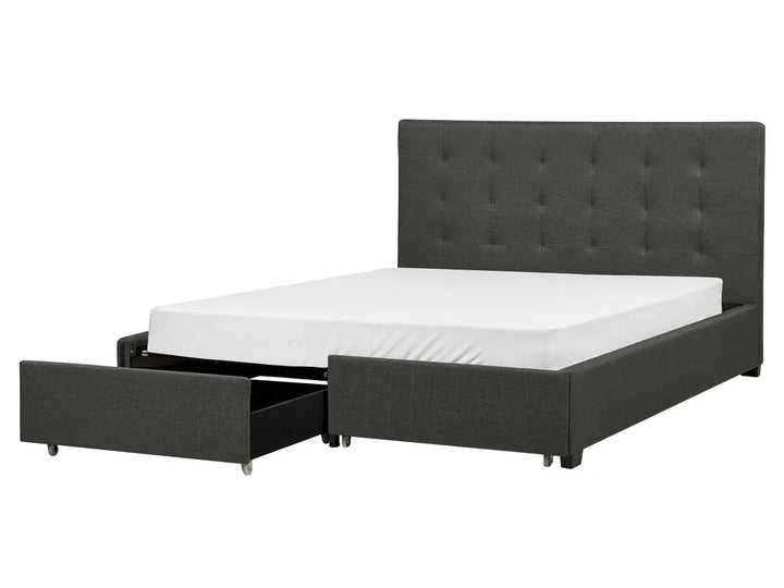 Black upholstered bed with storage drawers