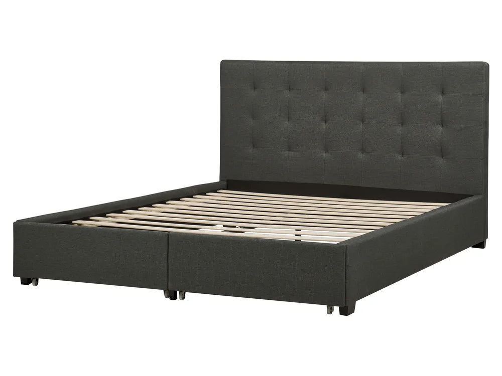Black upholstered bed with tufted headboard