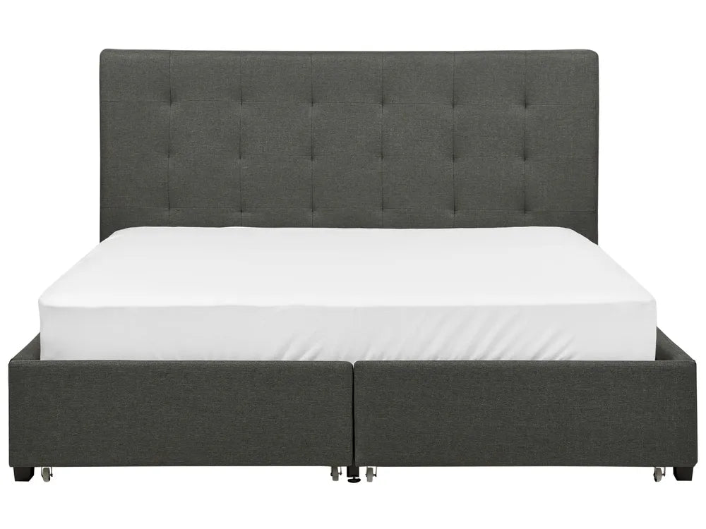 Grey upholstered bed with tufted headboard 