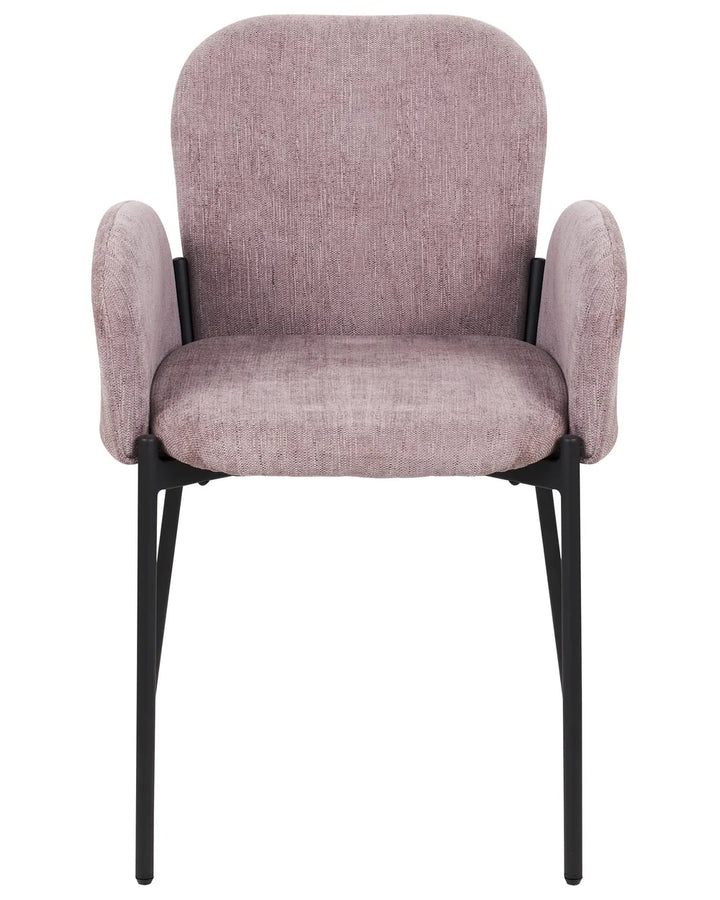 Dusty mauve upholstered dining chair with rounded armrests, a cushioned seat, and slim black metal legs for a soft contemporary look.