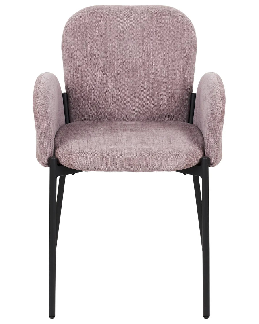 Dusty mauve upholstered dining chair with rounded armrests, a cushioned seat, and slim black metal legs for a soft contemporary look.