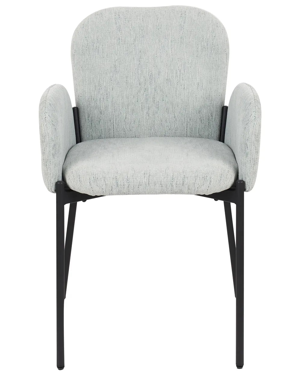 Light grey upholstered dining chair with rounded armrests, a cushioned seat, and slim black metal legs, offering comfort with a clean modern design.