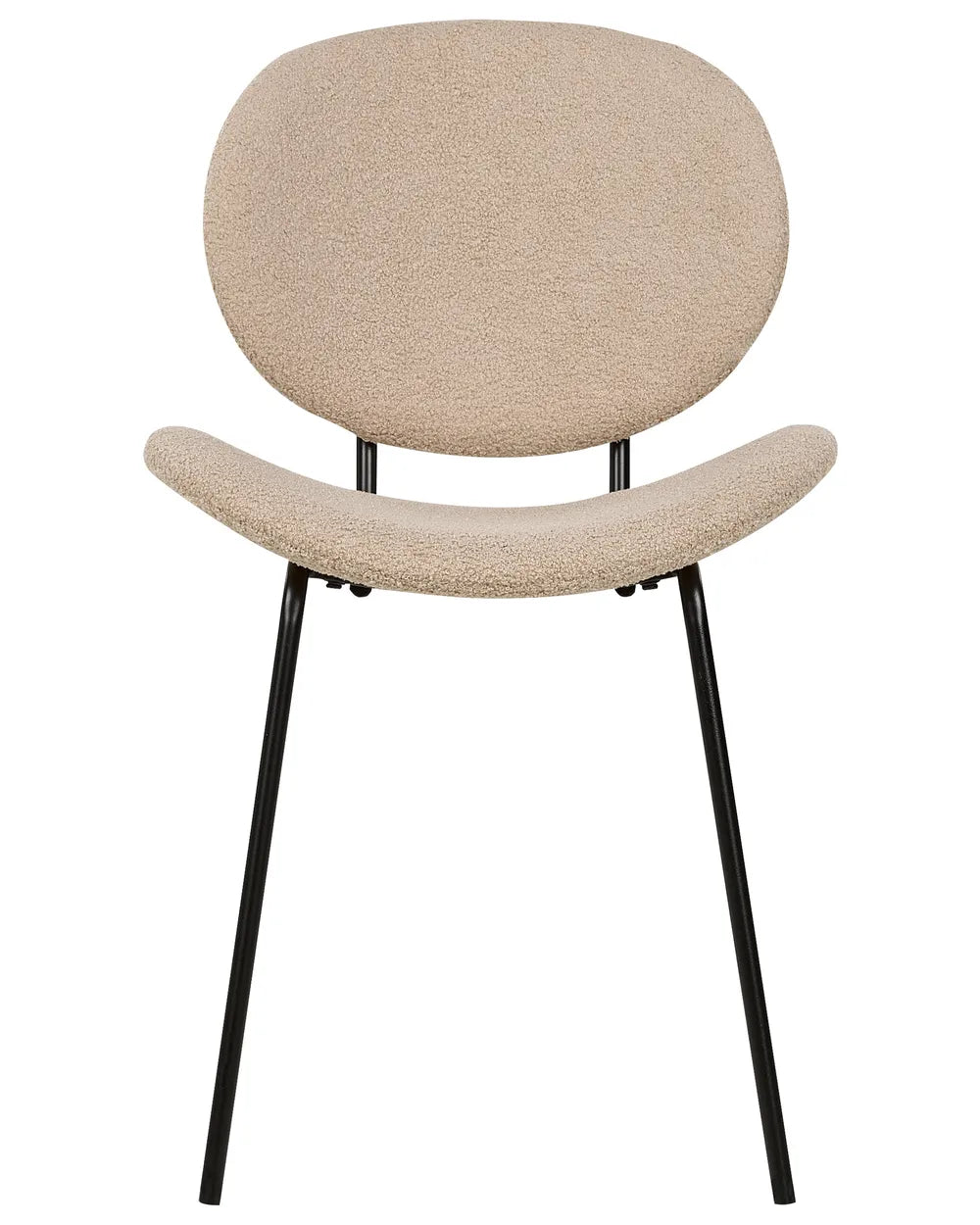 Modern accent dining chair upholstered in soft beige bouclé fabric, featuring a curved seat and rounded backrest supported by slim black metal legs.