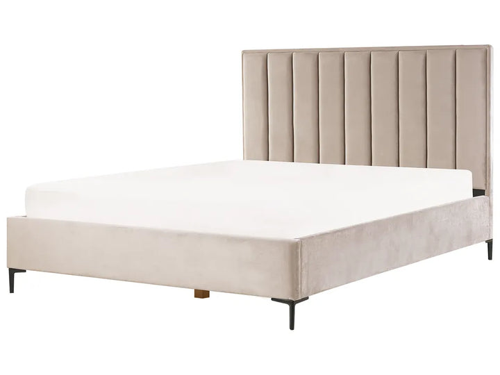 Beige upholstered bed with tufted headboard 