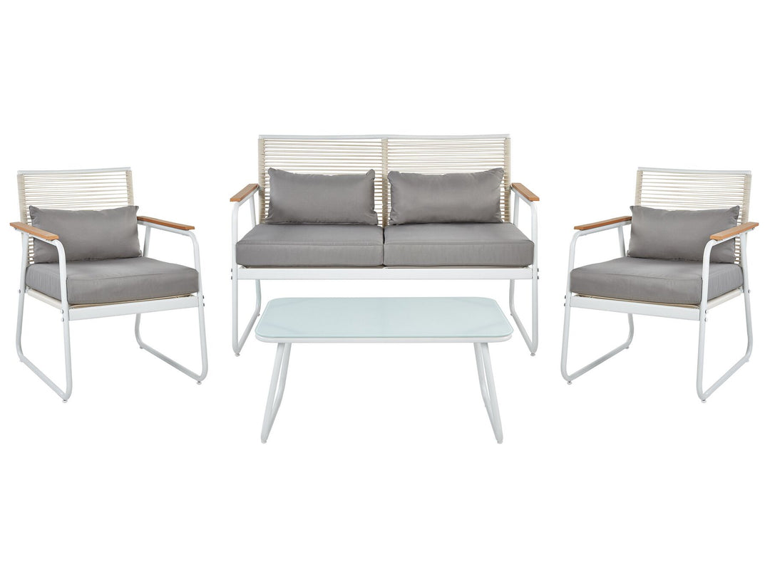 Outdoor furniture set with a sofa, two chairs, and a table on a white background