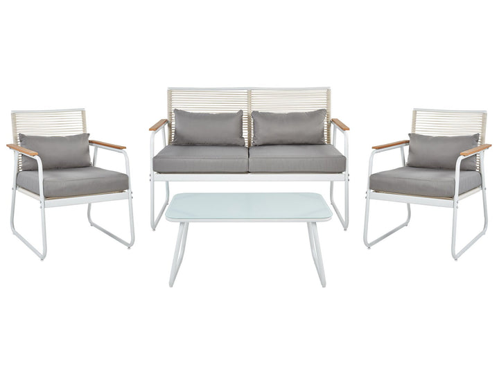 Outdoor furniture set with a sofa, two chairs, and a table on a white background