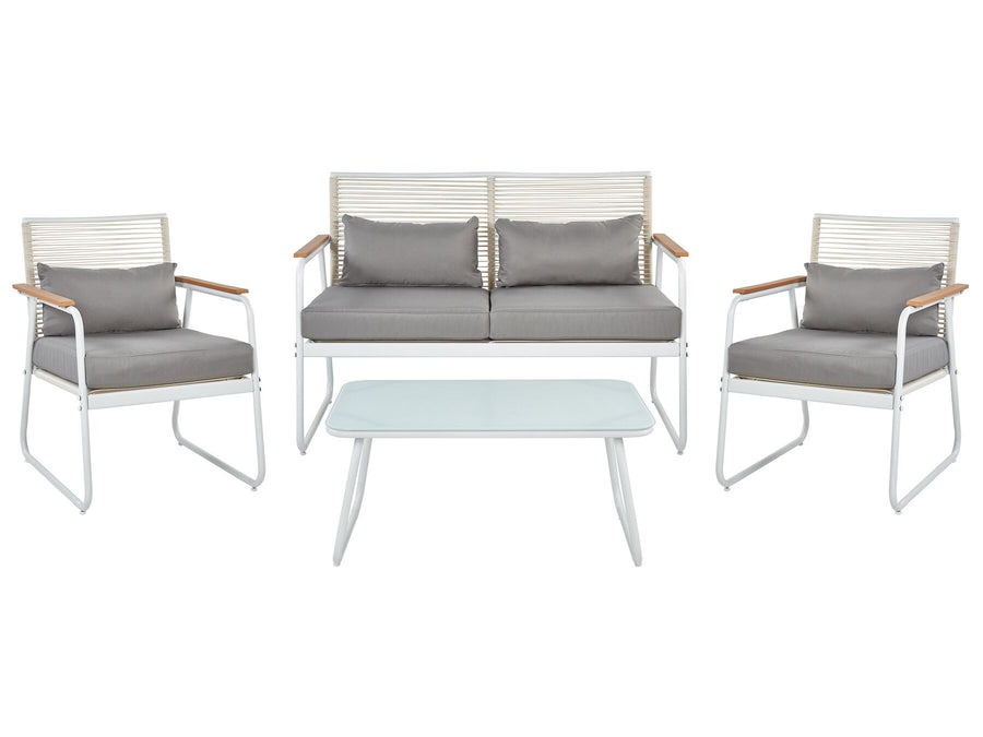 Outdoor furniture set with a sofa, two chairs, and a table on a white background