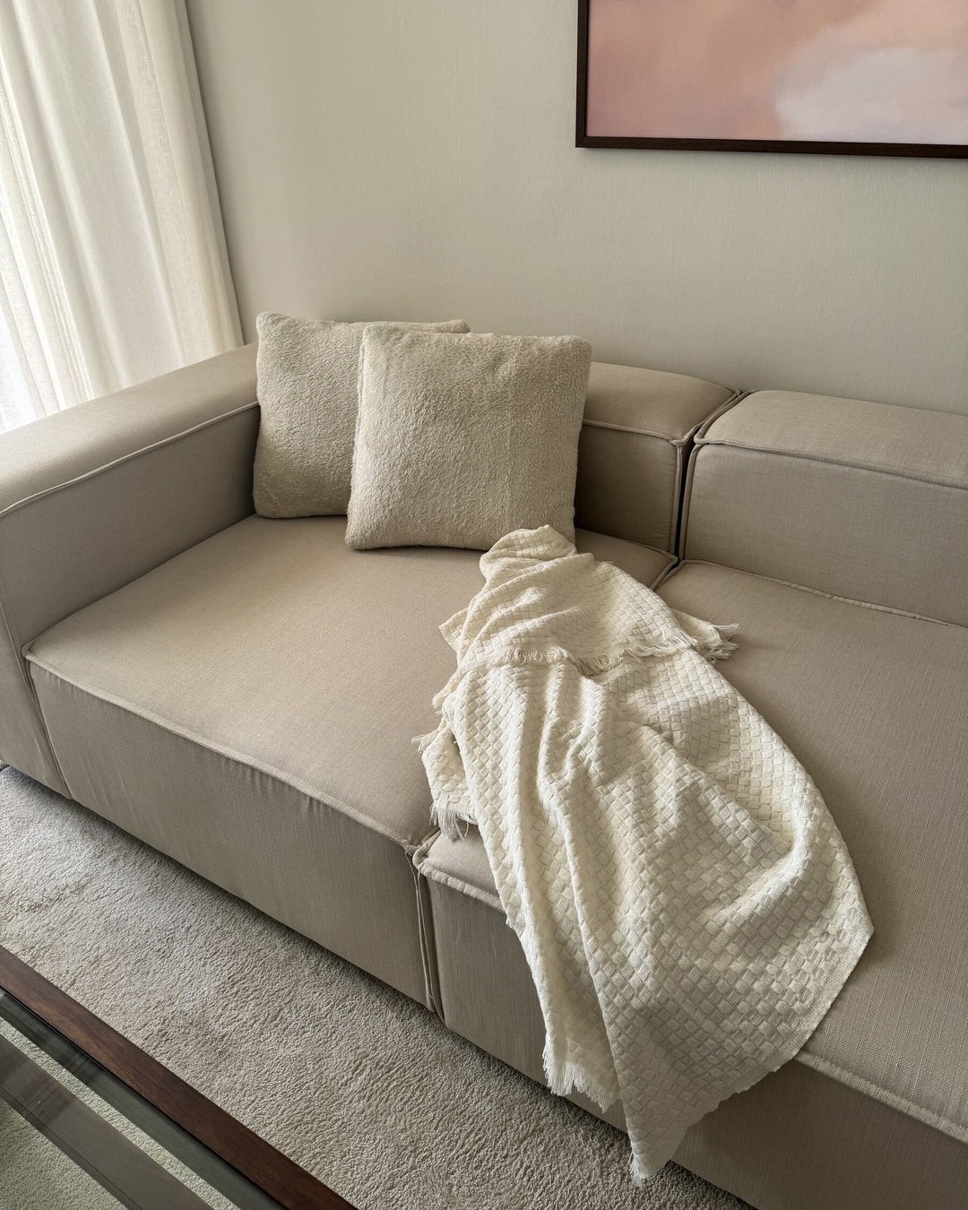 Aprica Left Hand 3 Seater Modular Linen Corner Sofa Beige