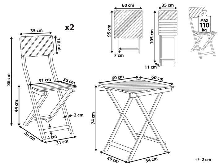 Bistro Set Folding Eucalyptus Wood Brown Grit