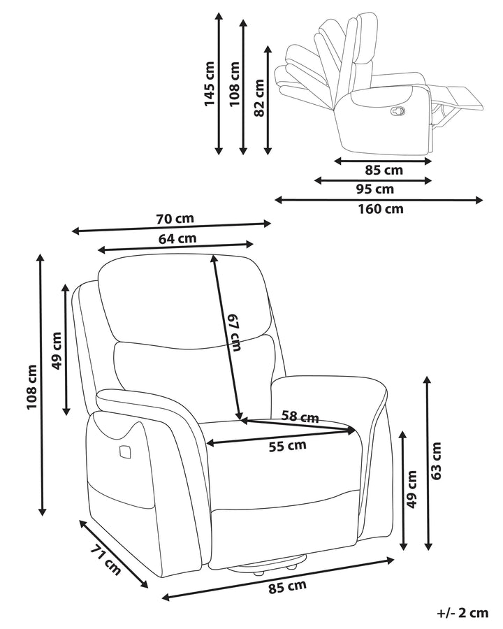 Measurement chart of a recliner chair with dimensions labeled