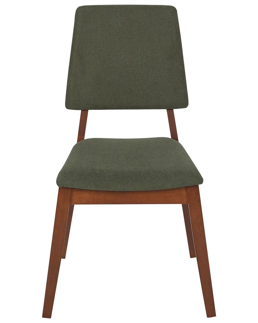 Contemporary upholstered dining chair featuring deep olive-green fabric, warm walnut-finish wood legs, and a gently curved silhouette, bringing comfort, sophistication, and earthy elegance to modern dining spaces.