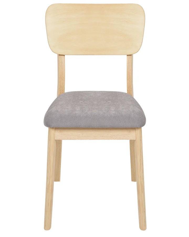 Light oak dining chair with a gently curved wooden backrest, soft grey upholstered seat, and clean minimalist silhouette, bringing a warm Scandinavian-inspired feel to dining interiors.