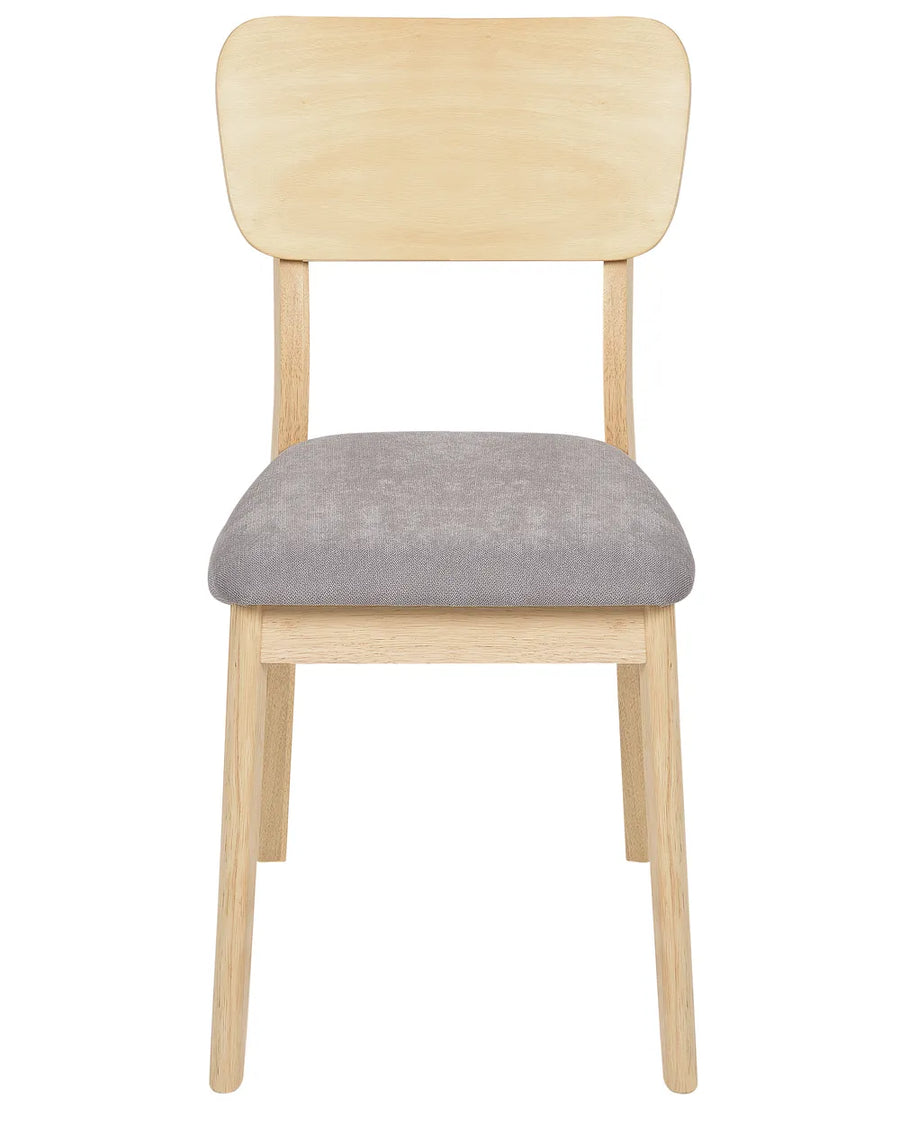 Light oak dining chair with a gently curved wooden backrest, soft grey upholstered seat, and clean minimalist silhouette, bringing a warm Scandinavian-inspired feel to dining interiors.