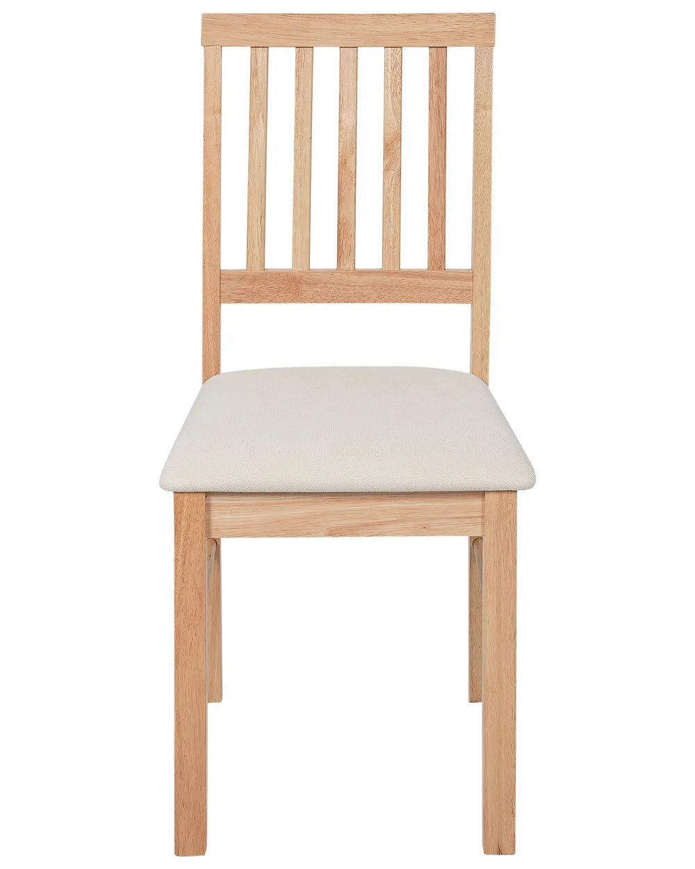 Light wood dining chair with a vertical slat backrest and softly upholstered seat, combining clean lines and warm natural tones for a timeless Scandinavian and minimalist look.