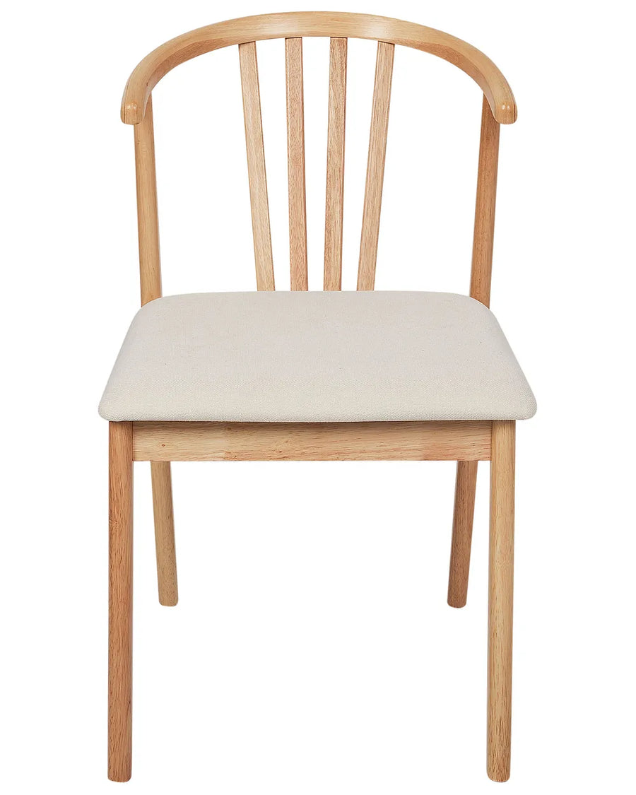 Light wood dining chair with curved backrest and cream upholstered seat on a white background.