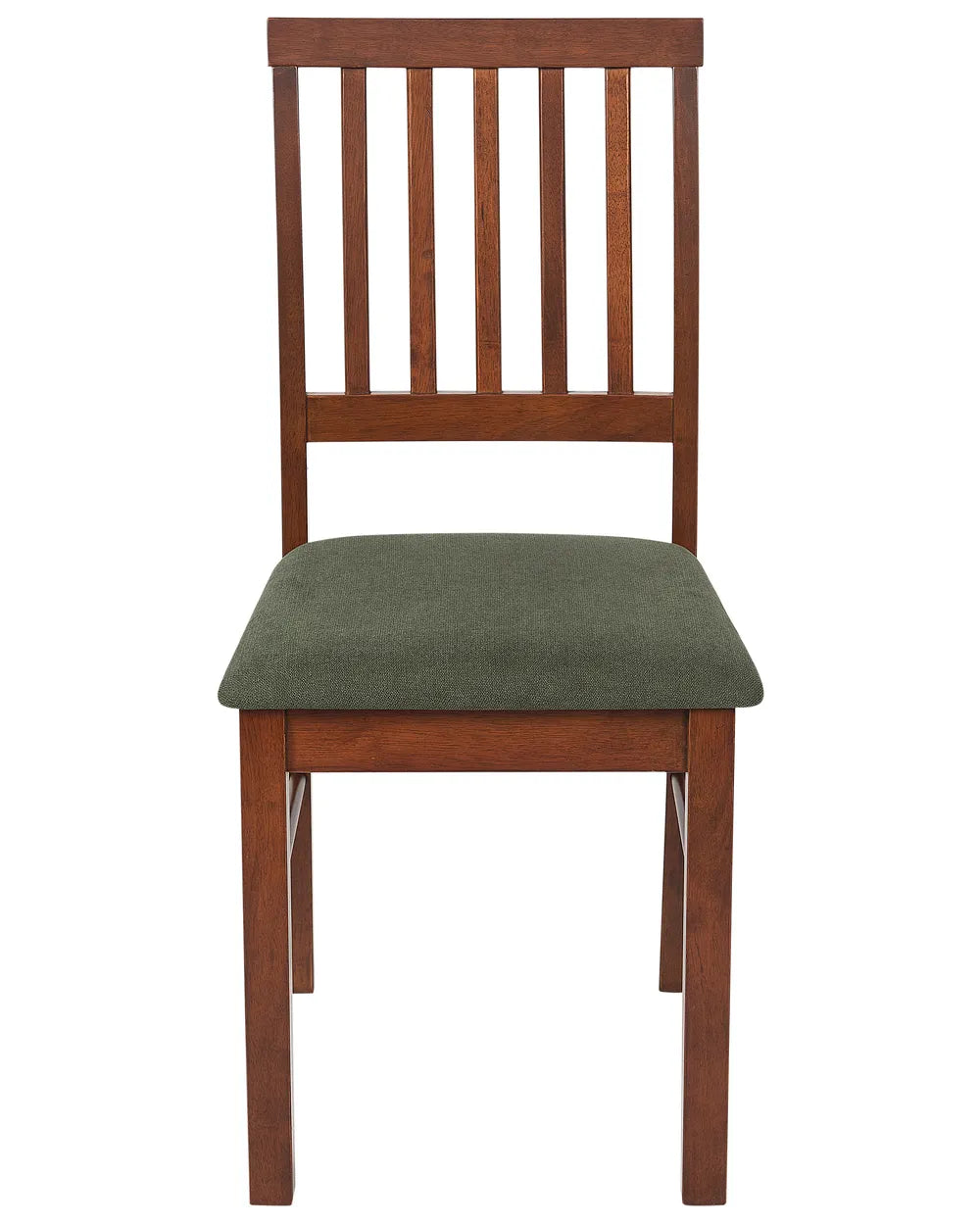 Dark wood dining chair with a vertical slat backrest and soft olive-green upholstered seat, offering a warm, timeless look that blends classic craftsmanship with modern comfort.
