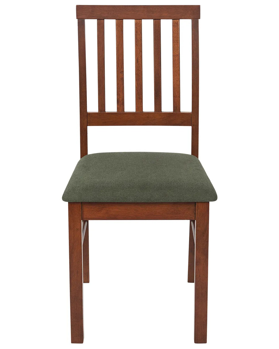 Dark wood dining chair with a vertical slat backrest and soft olive-green upholstered seat, offering a warm, timeless look that blends classic craftsmanship with modern comfort.