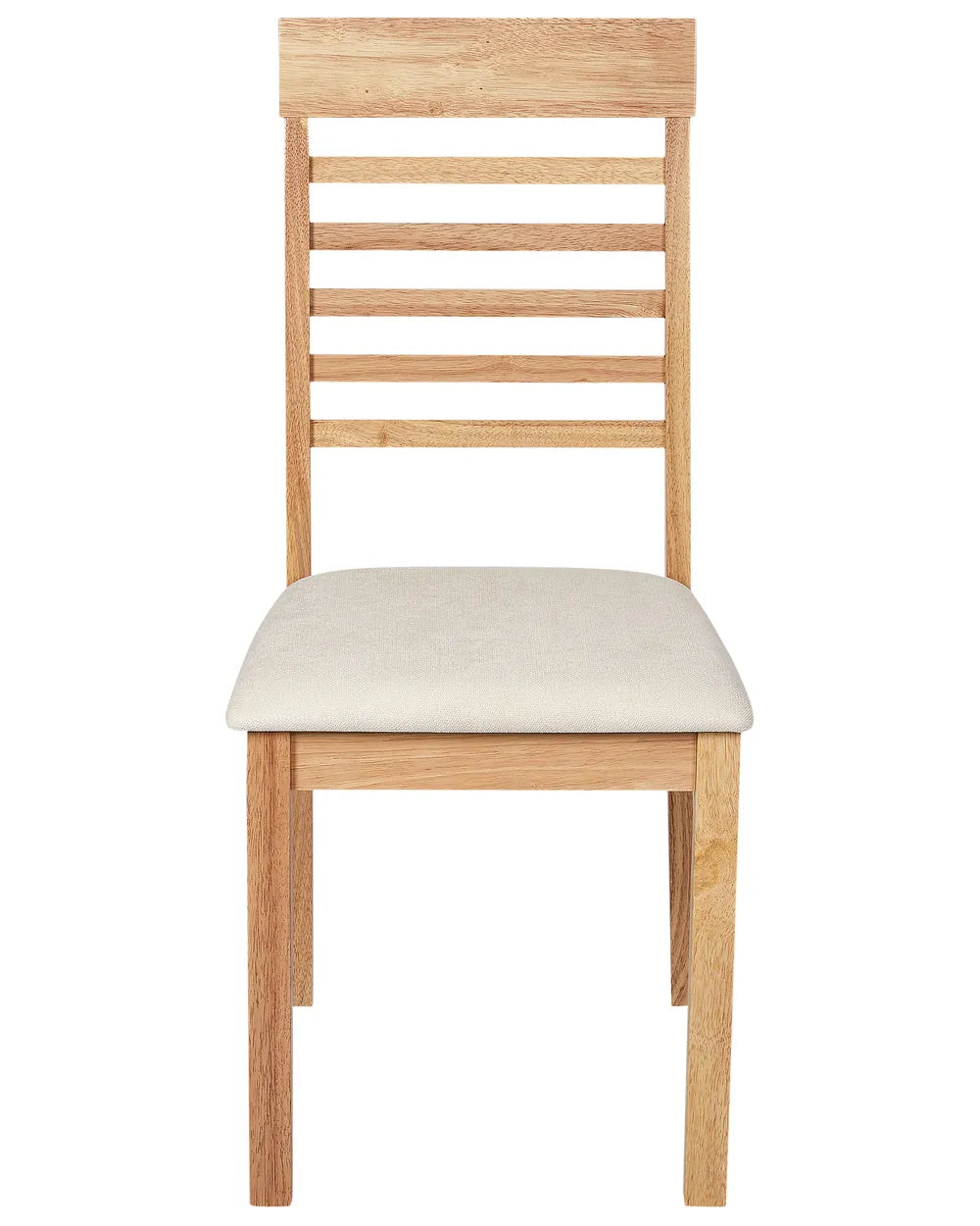Classic dining chair featuring a solid wood frame in a natural oak finish, complemented by a softly padded upholstered seat in a light neutral fabric. The tall ladder-back design provides timeless appeal while offering supportive seating, making it a versatile addition to both traditional and contemporary dining spaces.